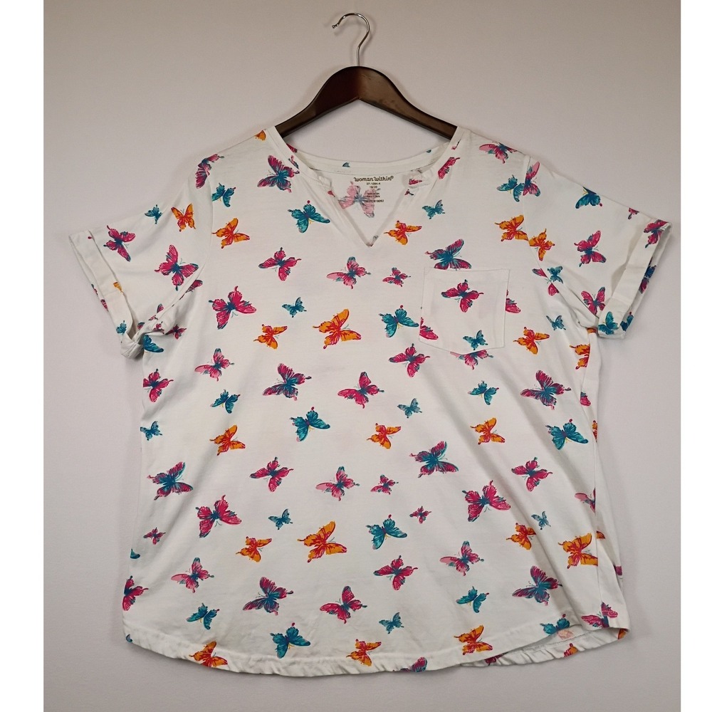 Whimsical Butterfly Woman Within Womens 18/20 White V-Neck Pocket Tee 37-1094-4